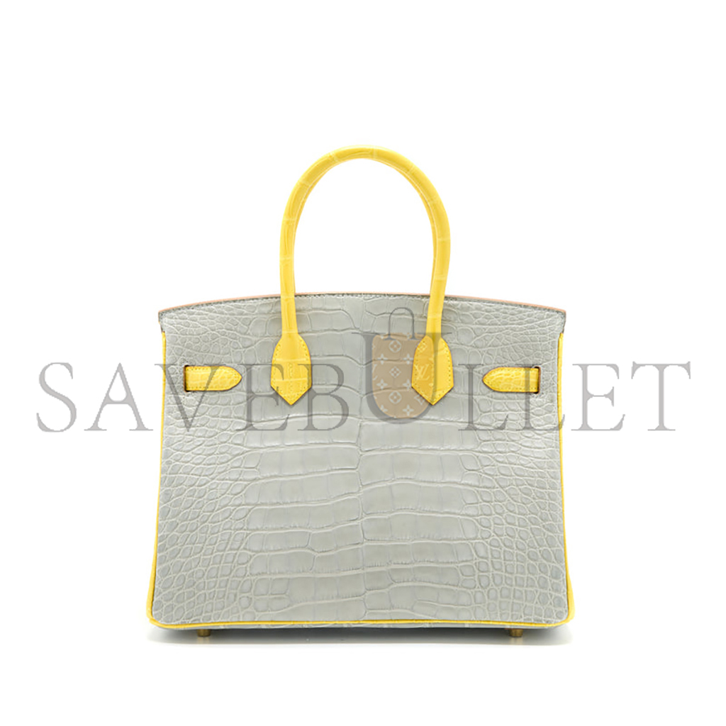 H**mes master birkin 30 crocodile leather pearl grey and yellow bag gold buckle h041367ck43 (30*22*16cm)